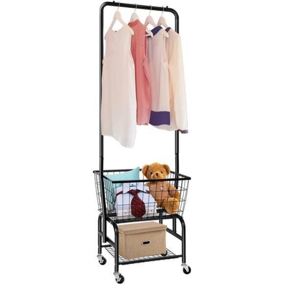 Laundry Cart with Wheels and Hanging Rack, Rolling Laundry Basket Clothes Rack